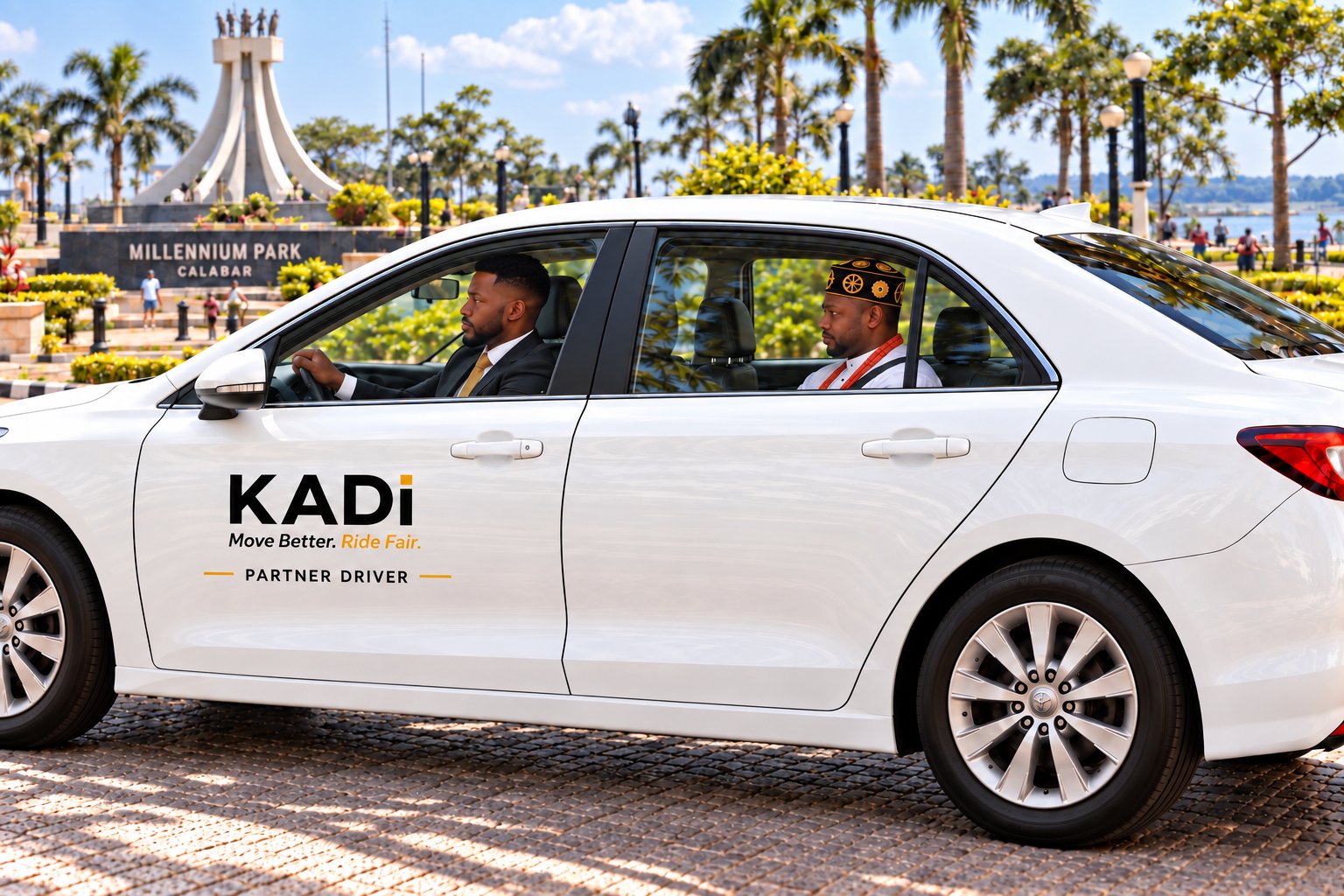 A white KADI partner car with a driver and passenger at Millennium Park, Calabar